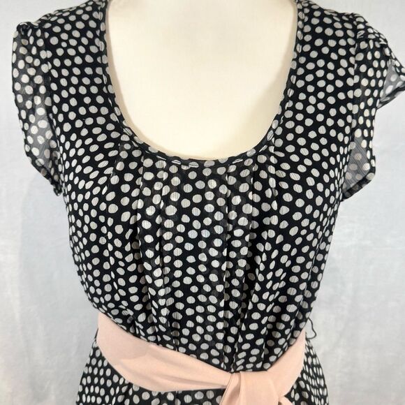 Black and white polka dot dress with blush sash size small - Picture 2 of 8
